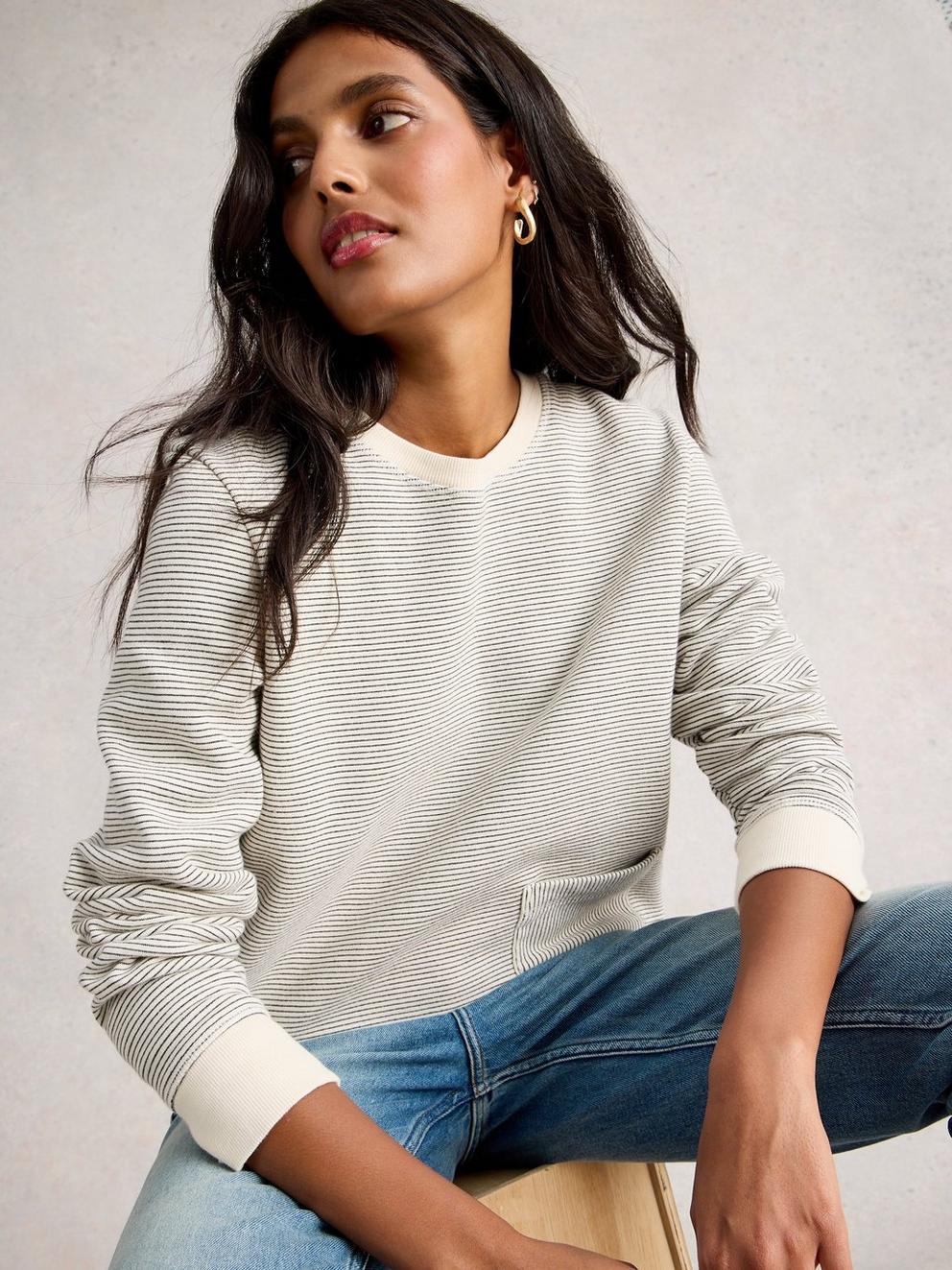 STRIPE CREW NECK SWEAT in WHITE MLT - MODEL DETAIL