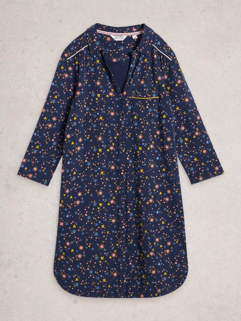 ANNIE JERSEY LONG SLEEVE NIGHTIE in NAVY MULTI - FLAT FRONT