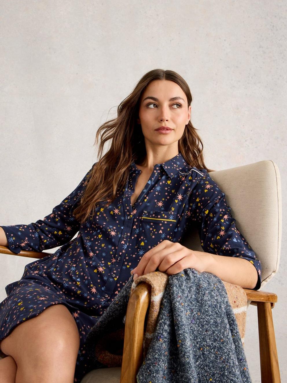 ANNIE JERSEY LONG SLEEVE NIGHTIE in NAVY MULTI - LIFESTYLE