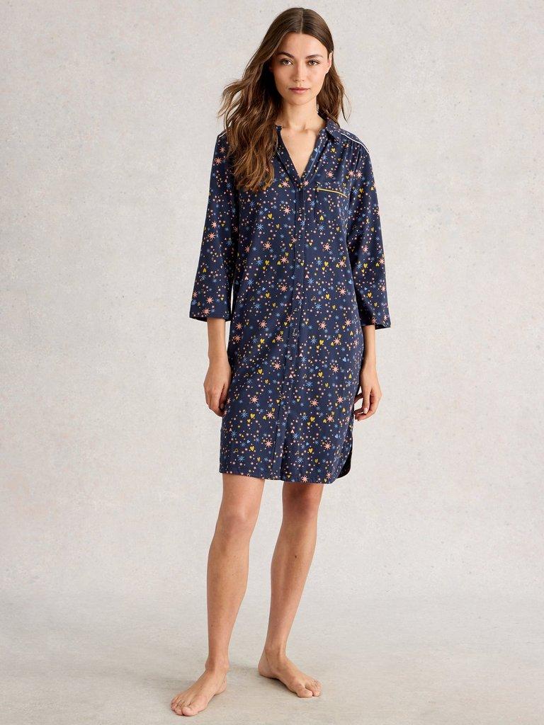 ANNIE JERSEY LONG SLEEVE NIGHTIE in NAVY MULTI - MODEL FRONT