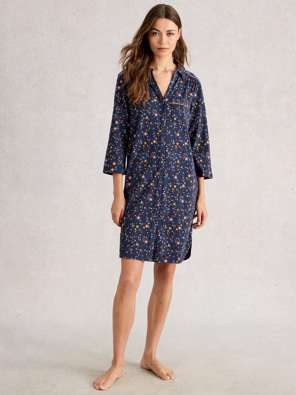 ANNIE JERSEY LONG SLEEVE NIGHTIE in NAVY MULTI - MODEL FRONT