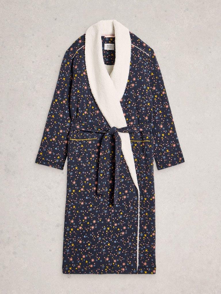 AVA LONG SLEEVE LINED DRESSING GOWN in NAVY MULTI - FLAT FRONT