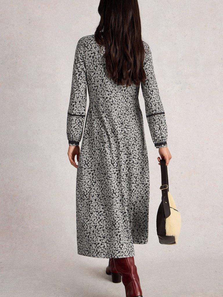 Megan Lace Jersey Dress in BLK PR - MODEL BACK