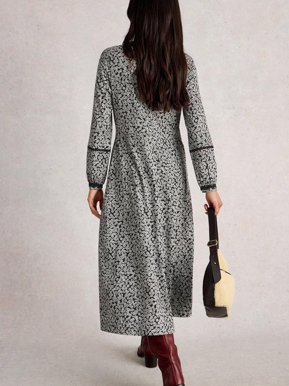 Megan Lace Jersey Dress in BLK PR - MODEL BACK