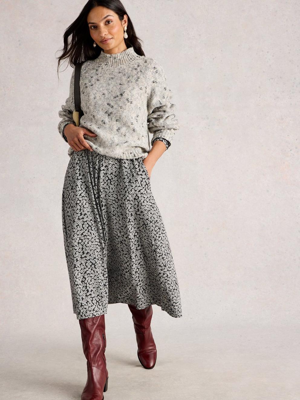 Megan Lace Jersey Dress in BLK PR - MODEL DETAIL