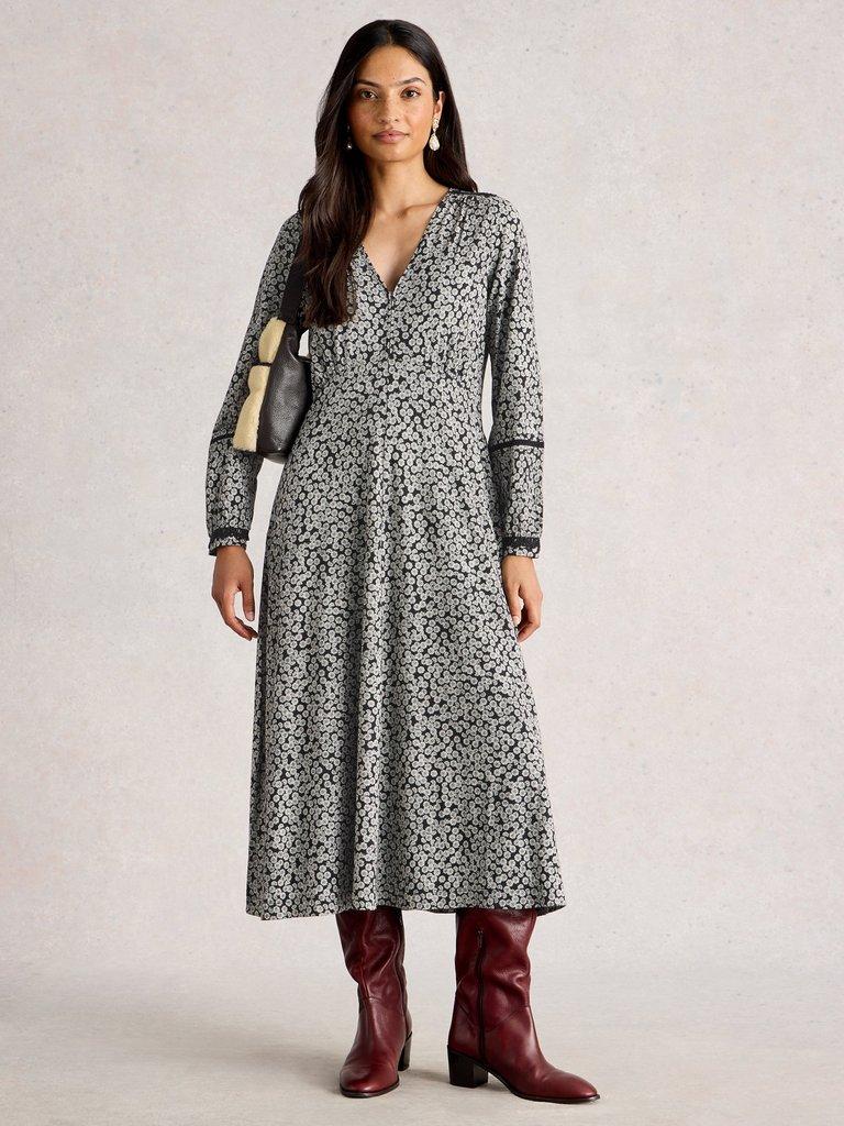 Megan Lace Jersey Dress in BLK PR - MODEL FRONT