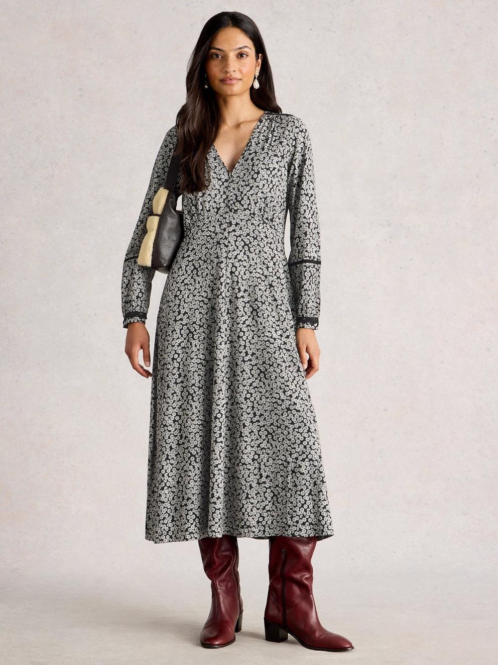 Megan Lace Jersey Dress in BLK PR - MODEL FRONT