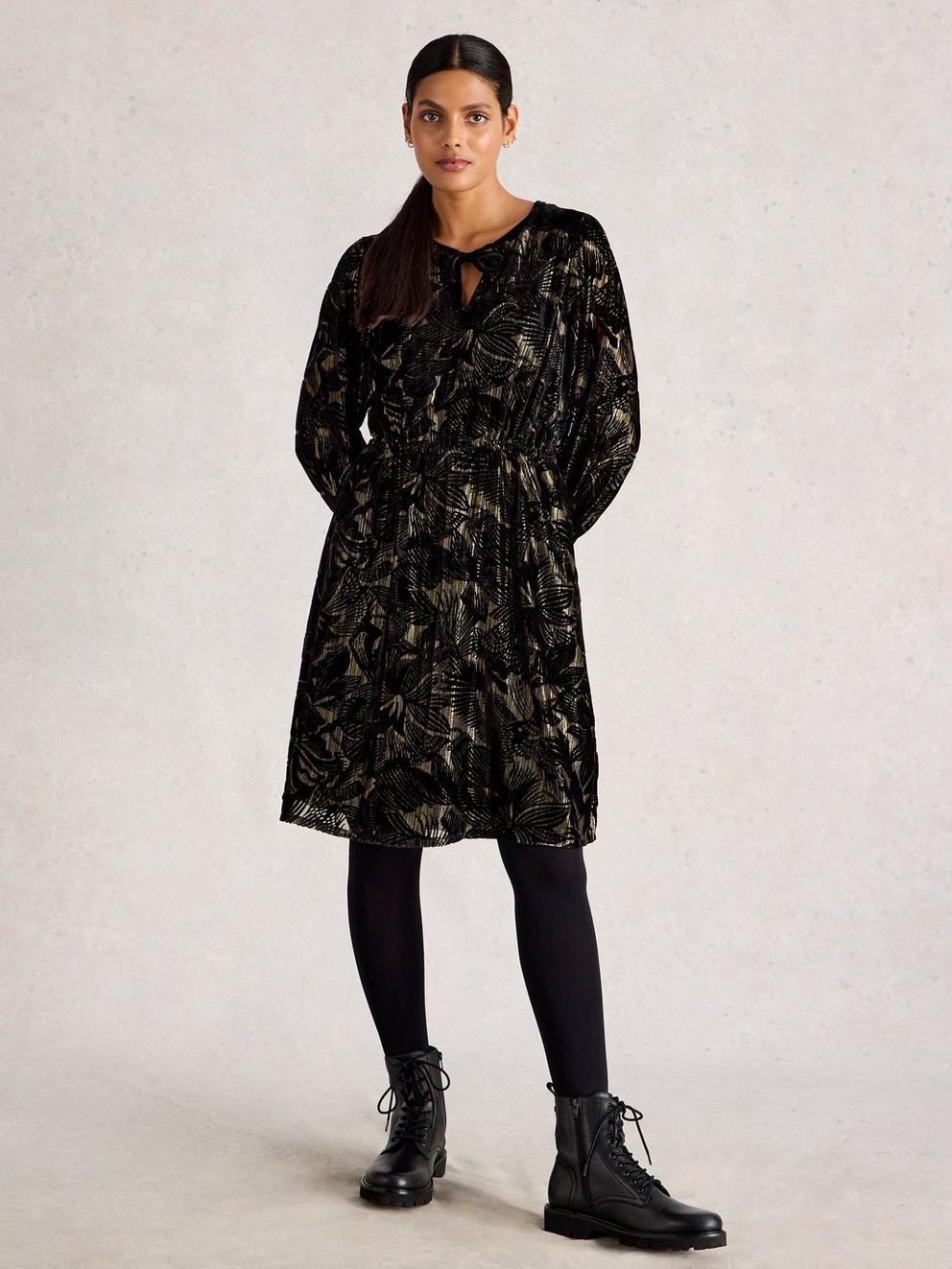 Faye Devore Velvet Dress in BLK MLT - FLAT BACK