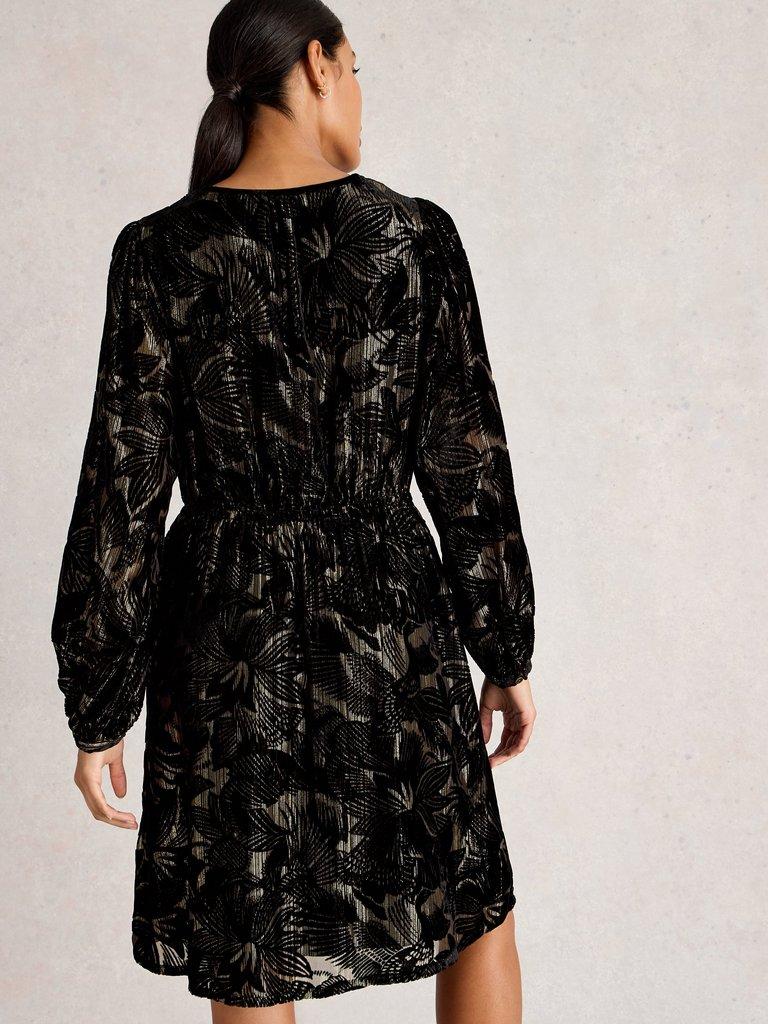 Faye Devore Velvet Dress in BLK MLT - MODEL BACK