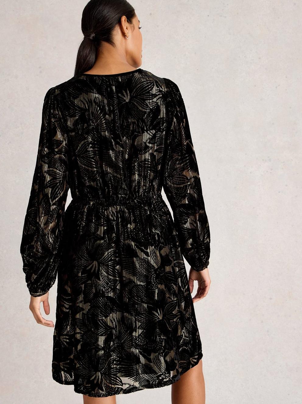 Faye Devore Velvet Dress in BLK MLT - MODEL BACK