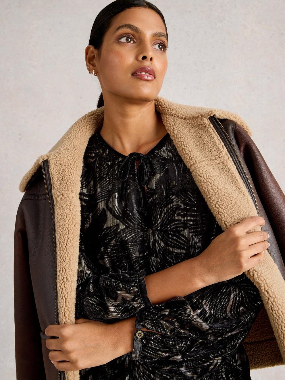 Faye Devore Velvet Dress in BLK MLT - MODEL DETAIL