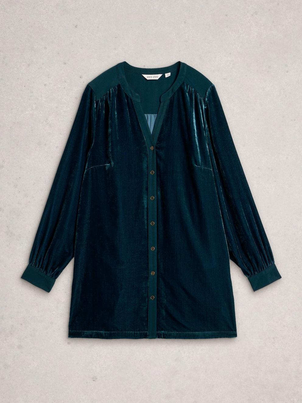 Olive Velvet Notch Neck Tunic in DK TEAL - FLAT FRONT