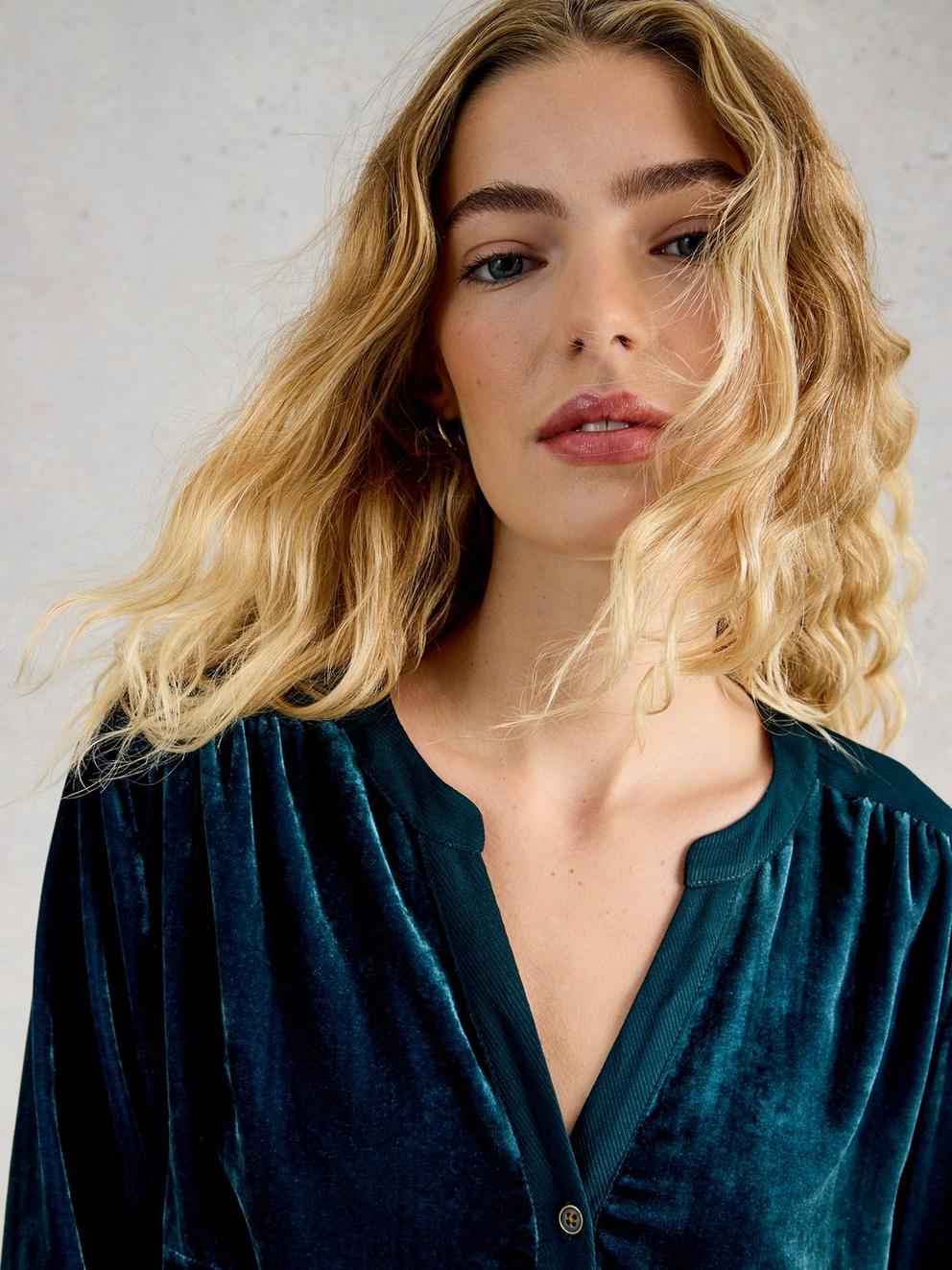 Olive Velvet Notch Neck Tunic in DK TEAL - LIFESTYLE