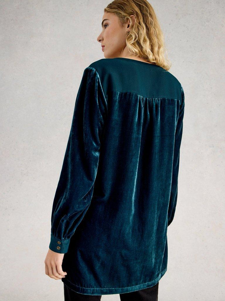Olive Velvet Notch Neck Tunic in DK TEAL - MODEL BACK