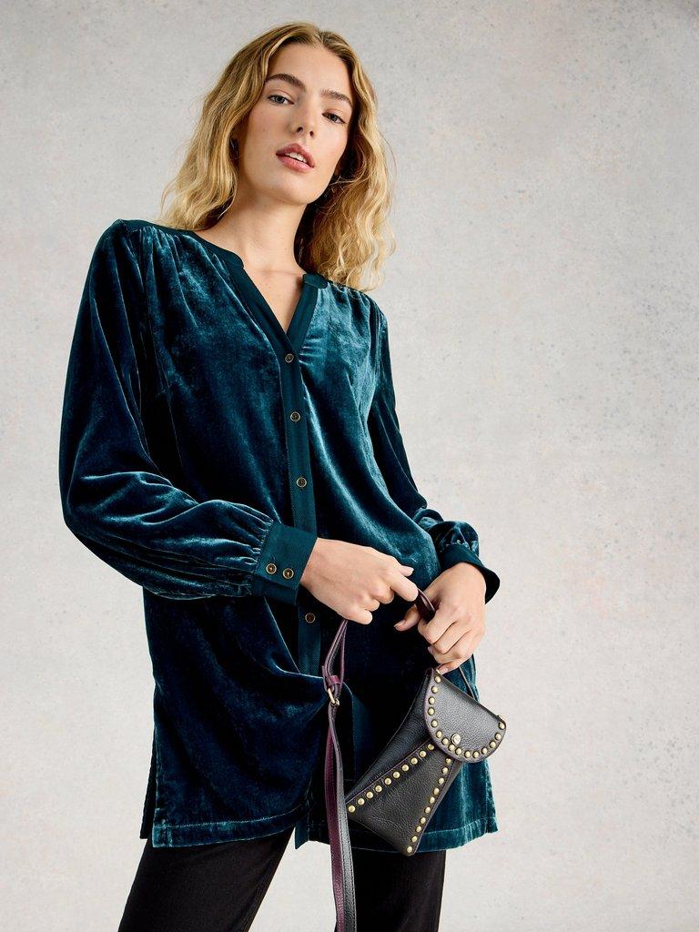 Olive Velvet Notch Neck Tunic in DK TEAL - MODEL DETAIL