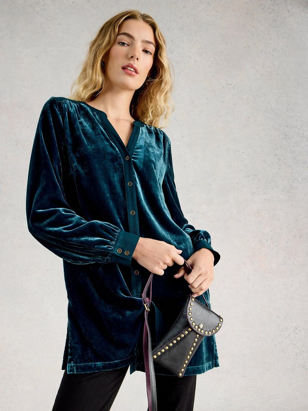 Olive Velvet Notch Neck Tunic in DK TEAL - MODEL DETAIL