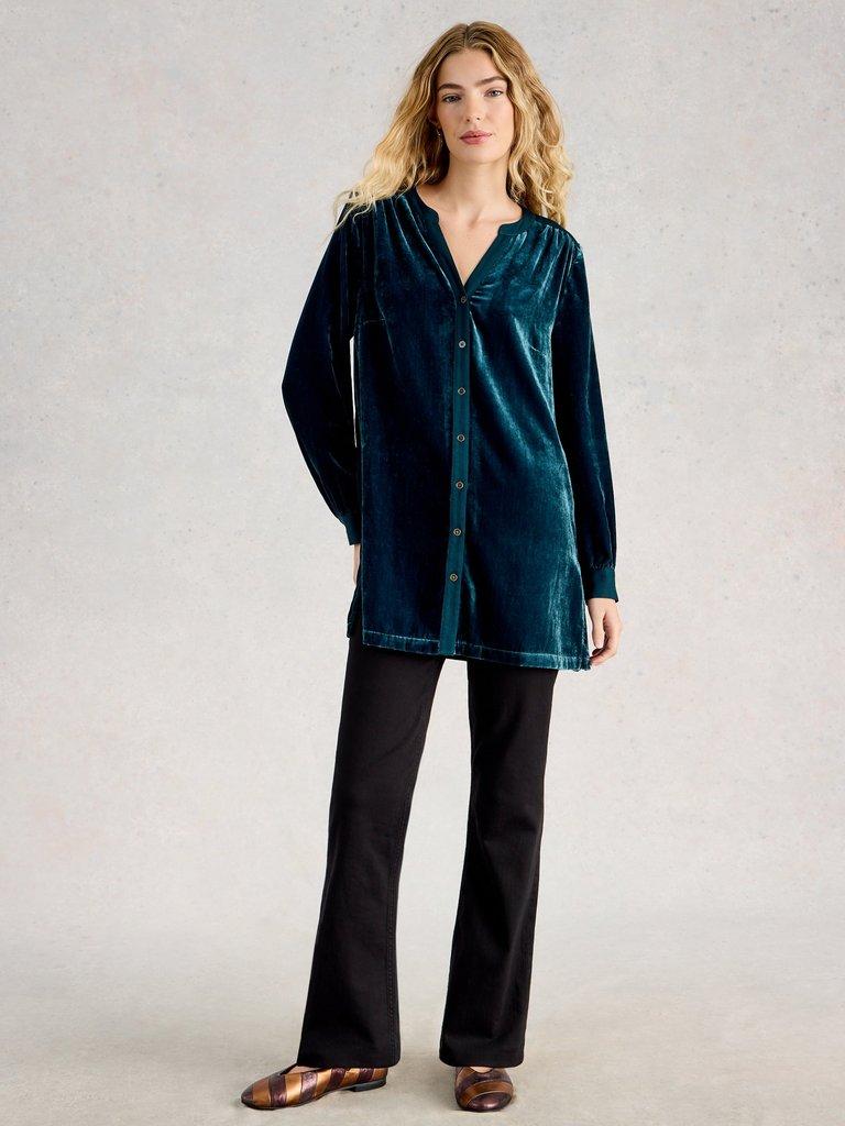 Olive Velvet Notch Neck Tunic in DK TEAL - MODEL FRONT