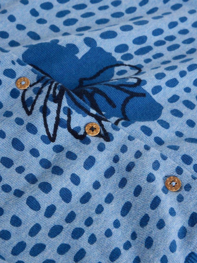 LULU CREW NECK PRINT CARDI in BLUE PR - FLAT DETAIL