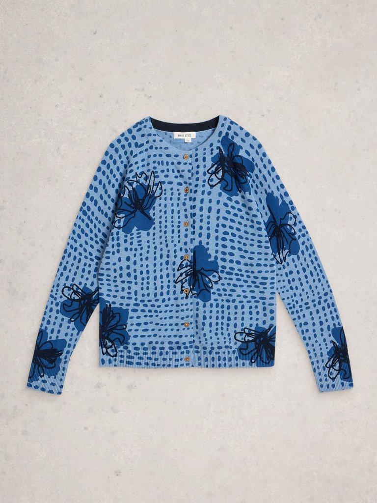 LULU CREW NECK PRINT CARDI in BLUE PR - FLAT FRONT