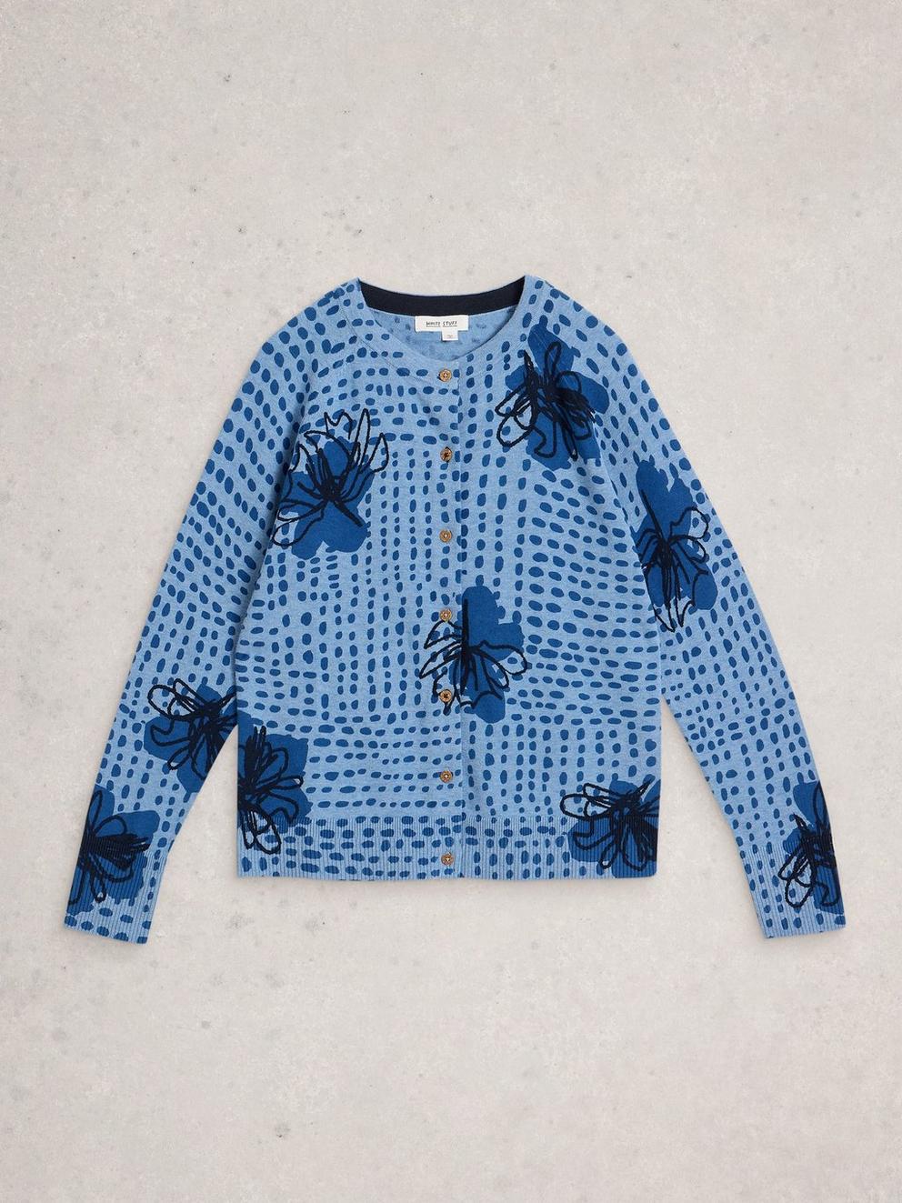 LULU CREW NECK PRINT CARDI in BLUE PR - FLAT FRONT