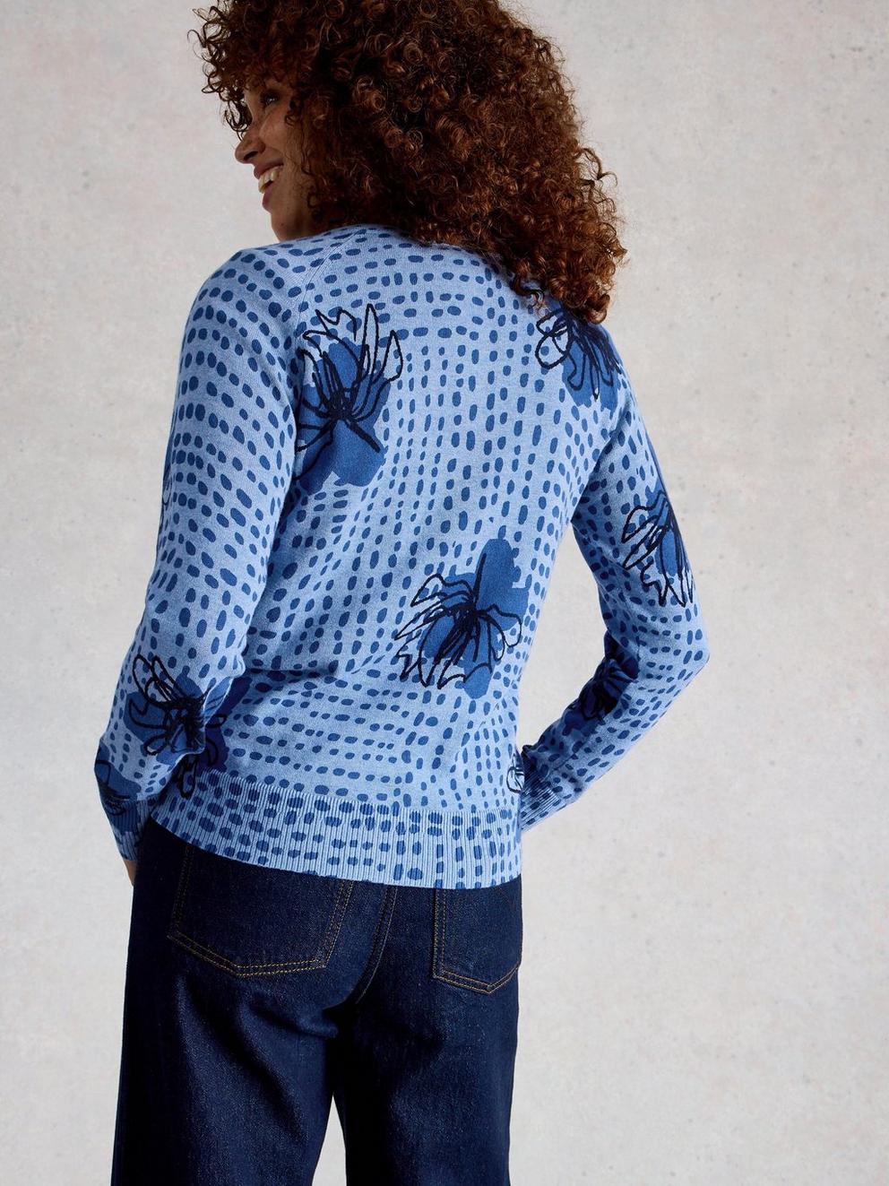 LULU CREW NECK PRINT CARDI in BLUE PR - MODEL BACK