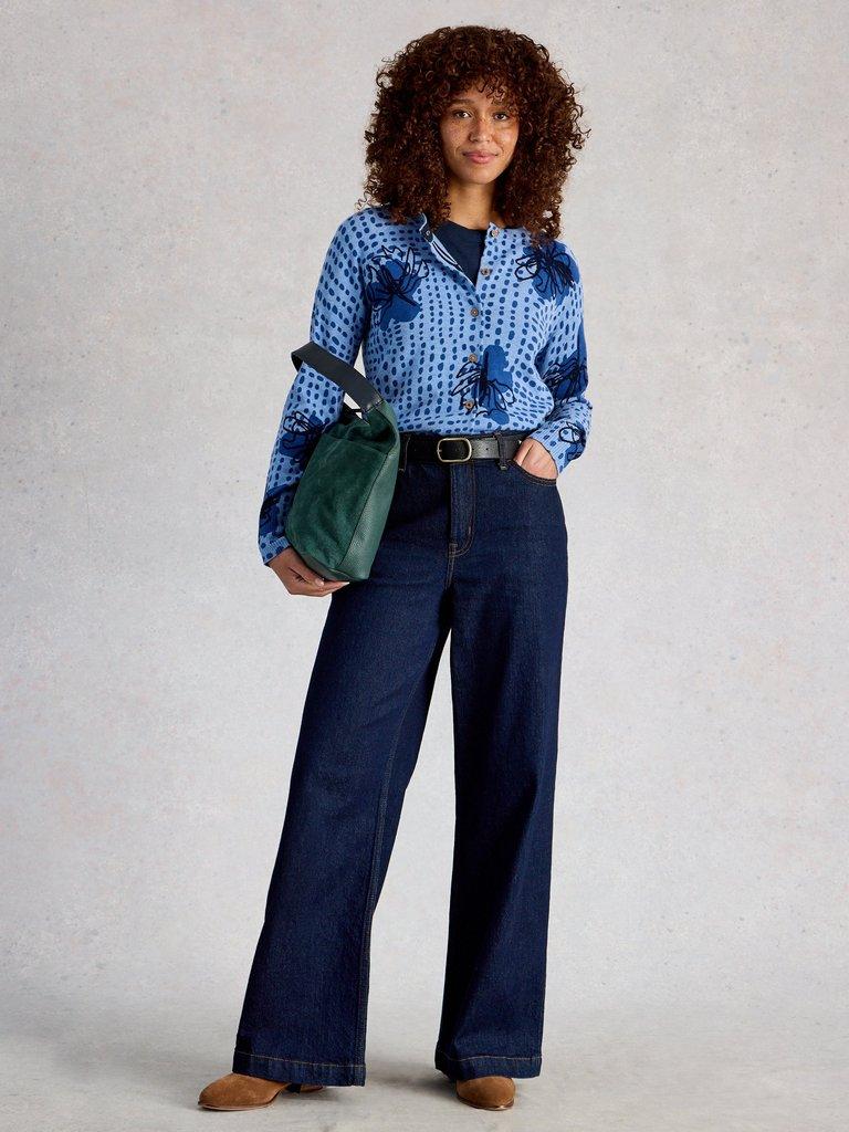 LULU CREW NECK PRINT CARDI in BLUE PR - MODEL FRONT