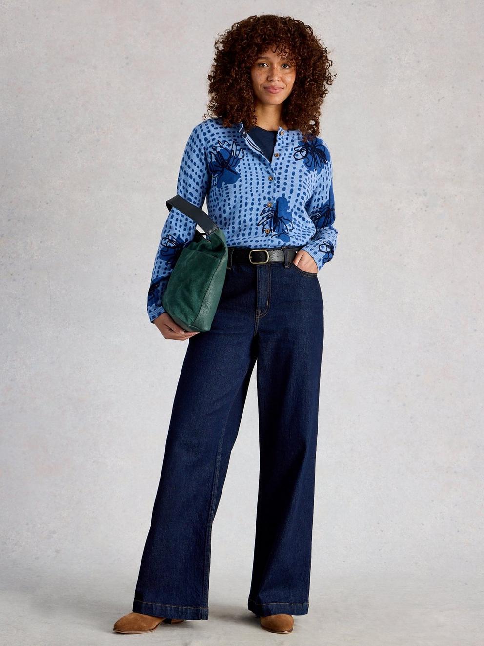 LULU CREW NECK PRINT CARDI in BLUE PR - MODEL FRONT