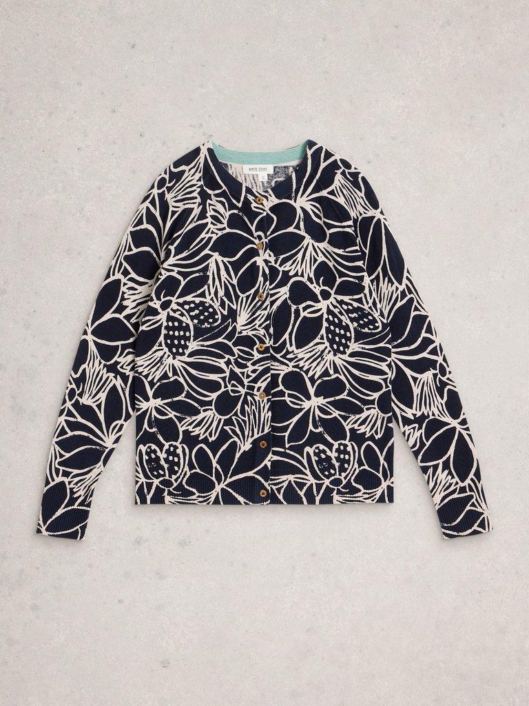 LULU CREW NECK PRINT CARDI in NAVY MULTI - FLAT FRONT