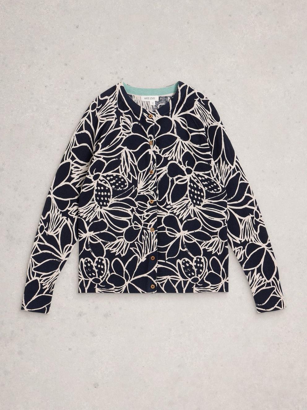 LULU CREW NECK PRINT CARDI in NAVY MULTI - FLAT FRONT