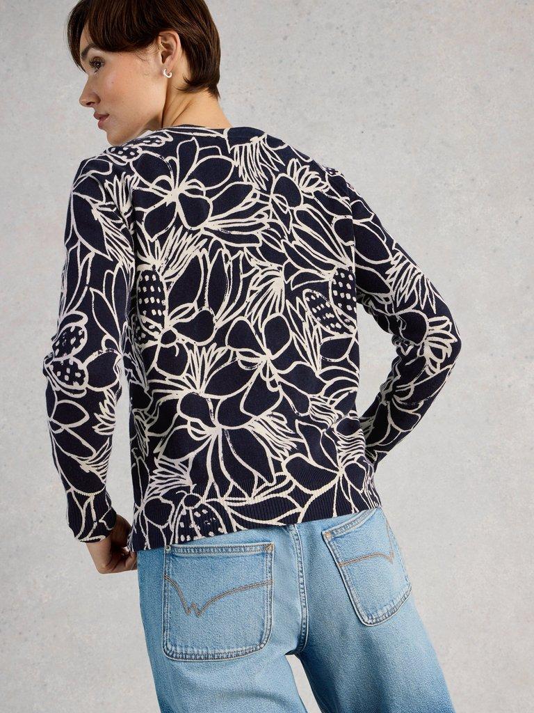 LULU CREW NECK PRINT CARDI in NAVY MULTI - MODEL BACK