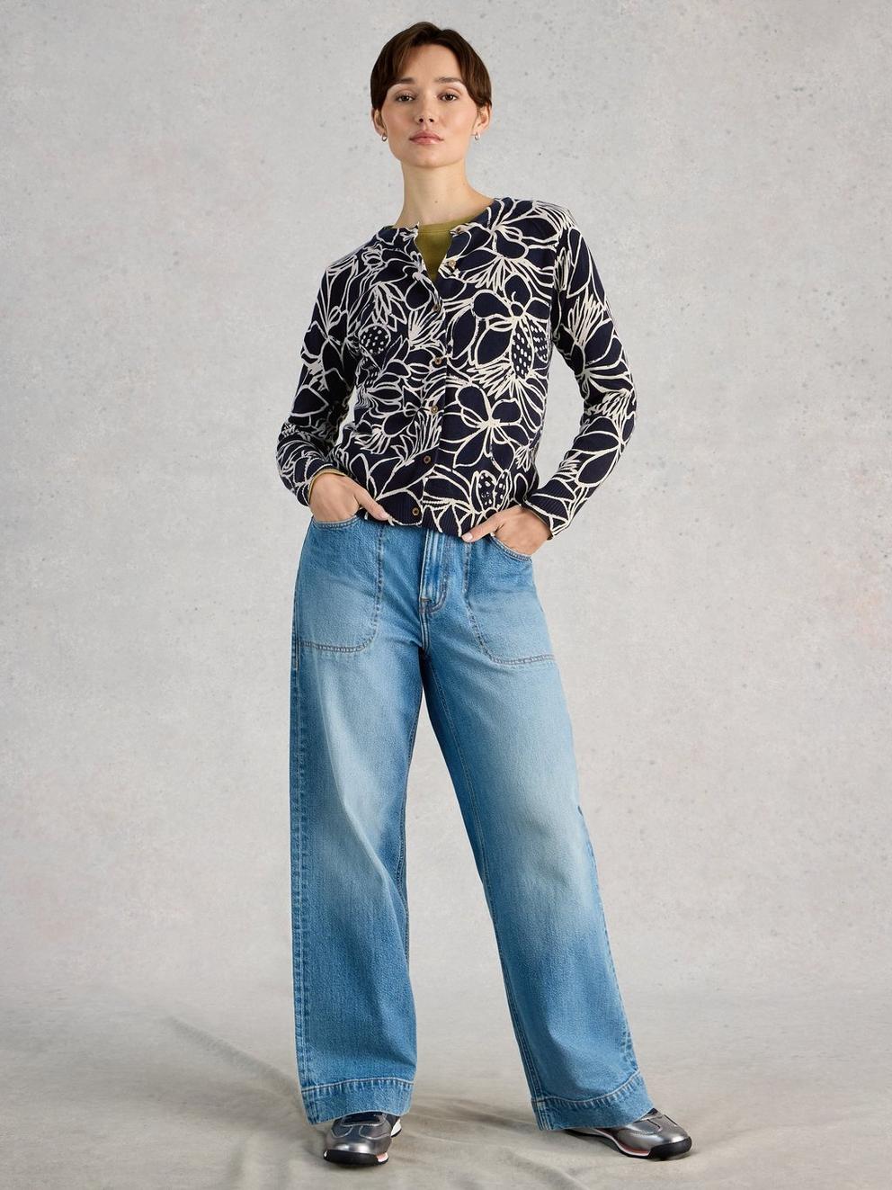 LULU CREW NECK PRINT CARDI in NAVY MULTI - MODEL FRONT