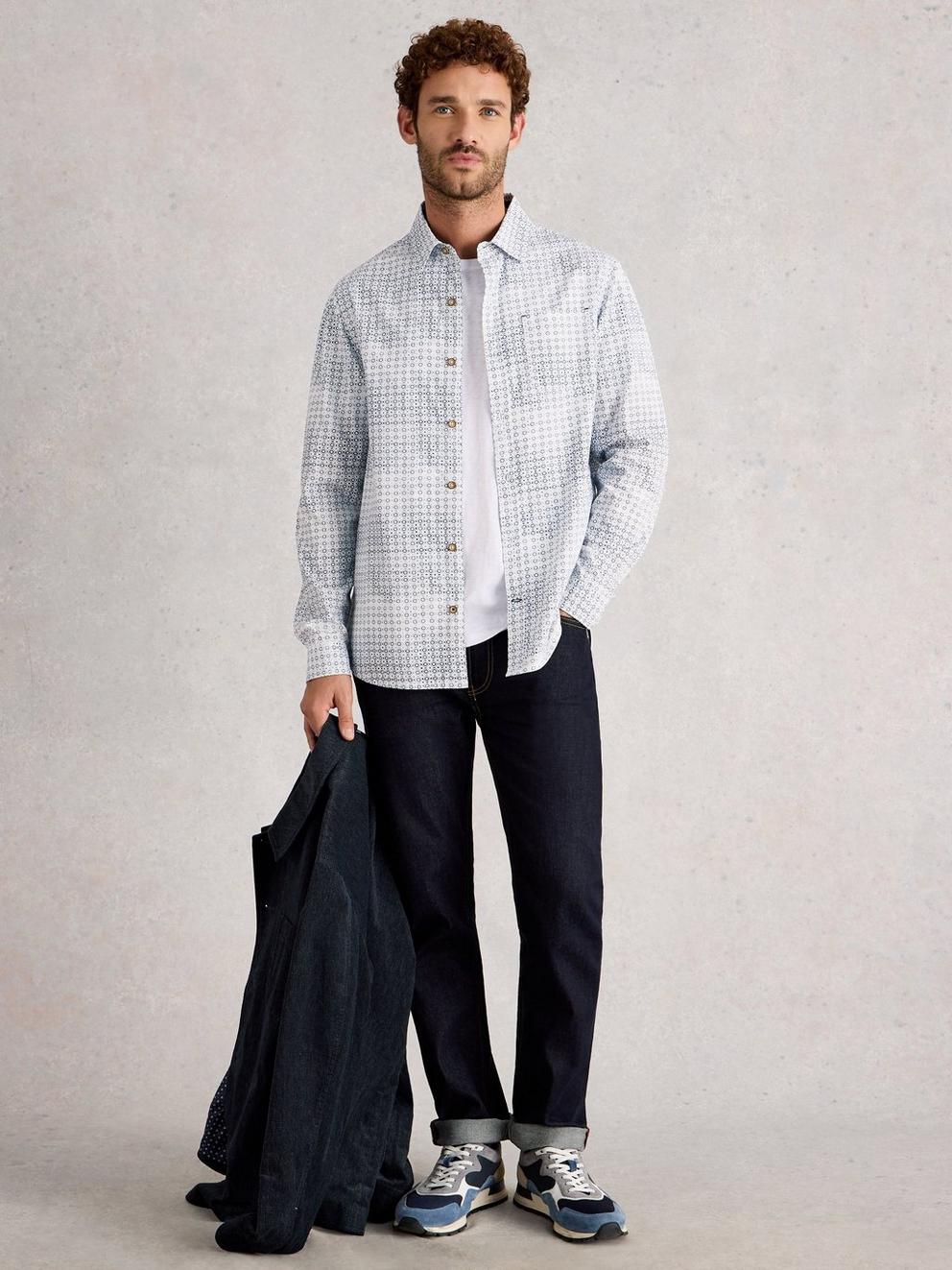 Finsbury Geo Print Shirt in BLUE PR - MODEL FRONT