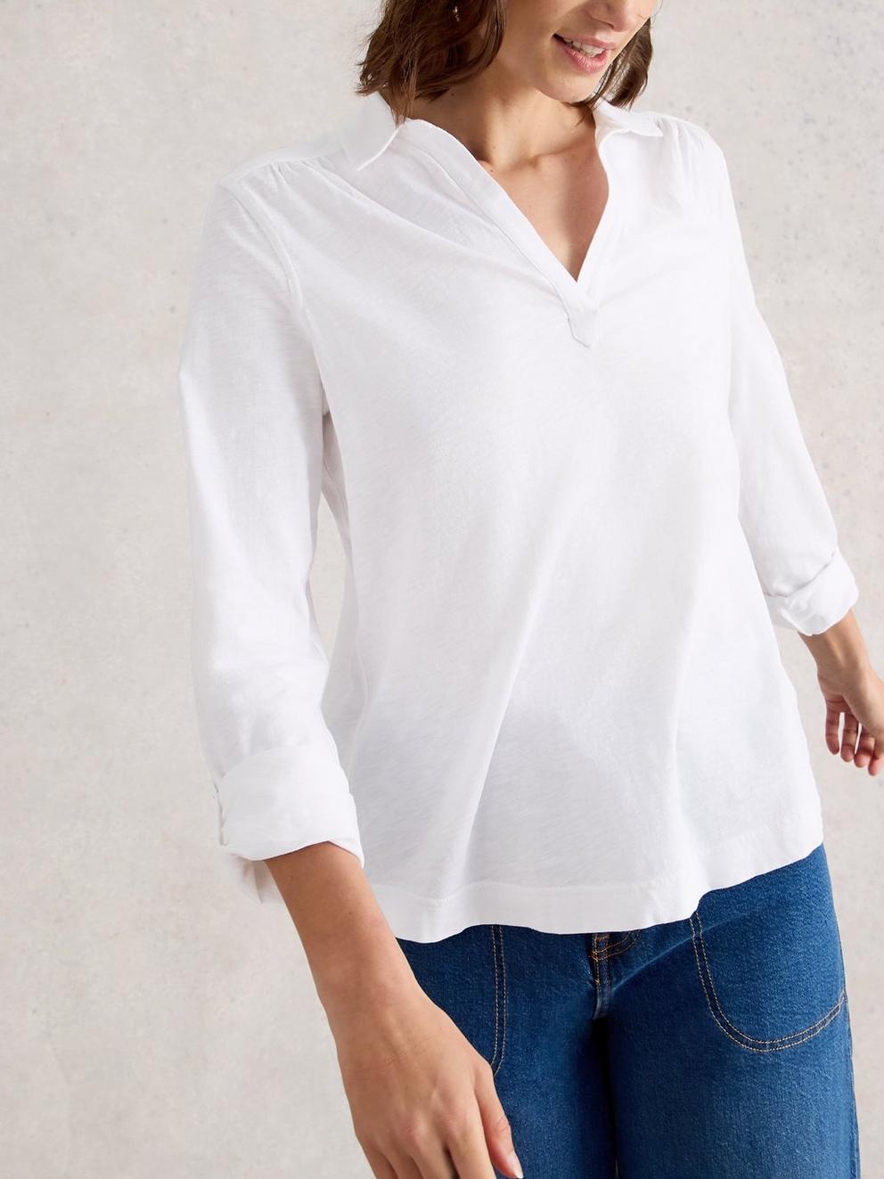 ALLIE LS SHIRT in BRIL WHITE - MODEL DETAIL