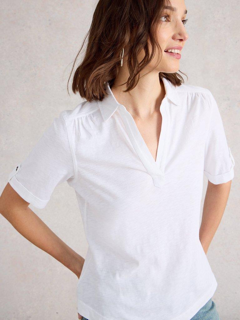 ALLIE SS SHIRT in BRIL WHITE - MODEL DETAIL