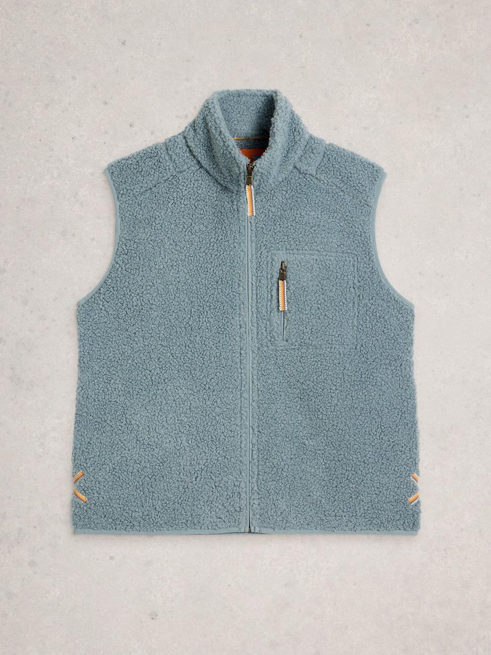 BORG ZIP THROUGH GILET in DUS BLUE - FLAT FRONT