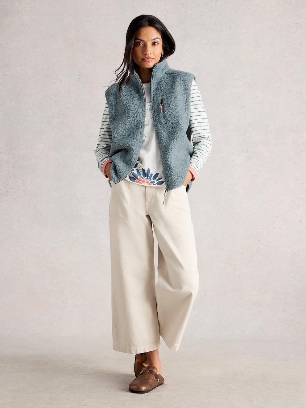 BORG ZIP THROUGH GILET in DUS BLUE - MODEL FRONT