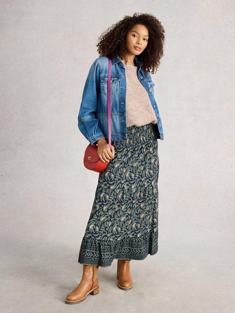 Marissa Maxi Skirt Jersey in NAVY MULTI - MODEL FRONT