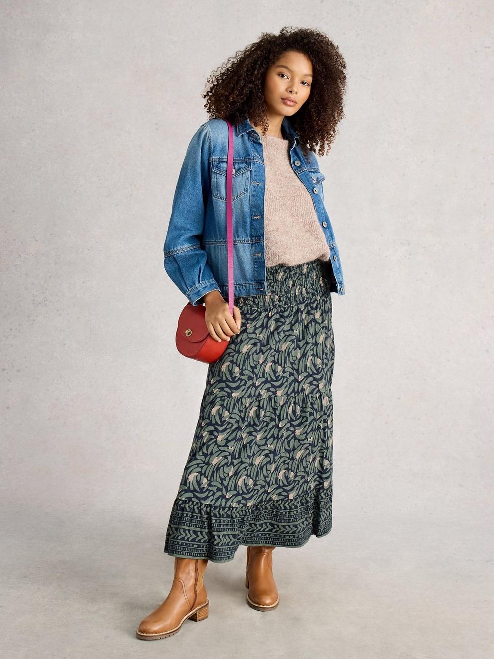 Marissa Maxi Skirt Jersey in NAVY MULTI - MODEL FRONT