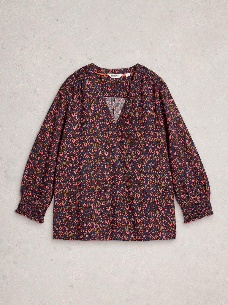 Elisa Print V Neck Top in NAVY MULTI - FLAT FRONT