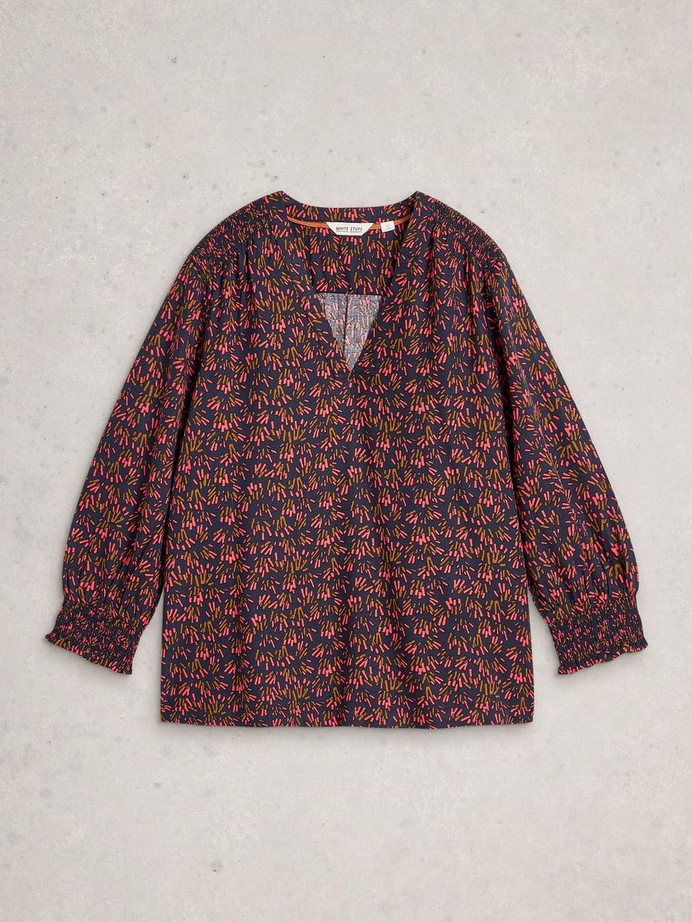 Elisa Print V Neck Top in NAVY MULTI - FLAT FRONT