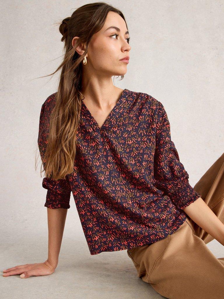 Elisa Print V Neck Top in NAVY MULTI - LIFESTYLE