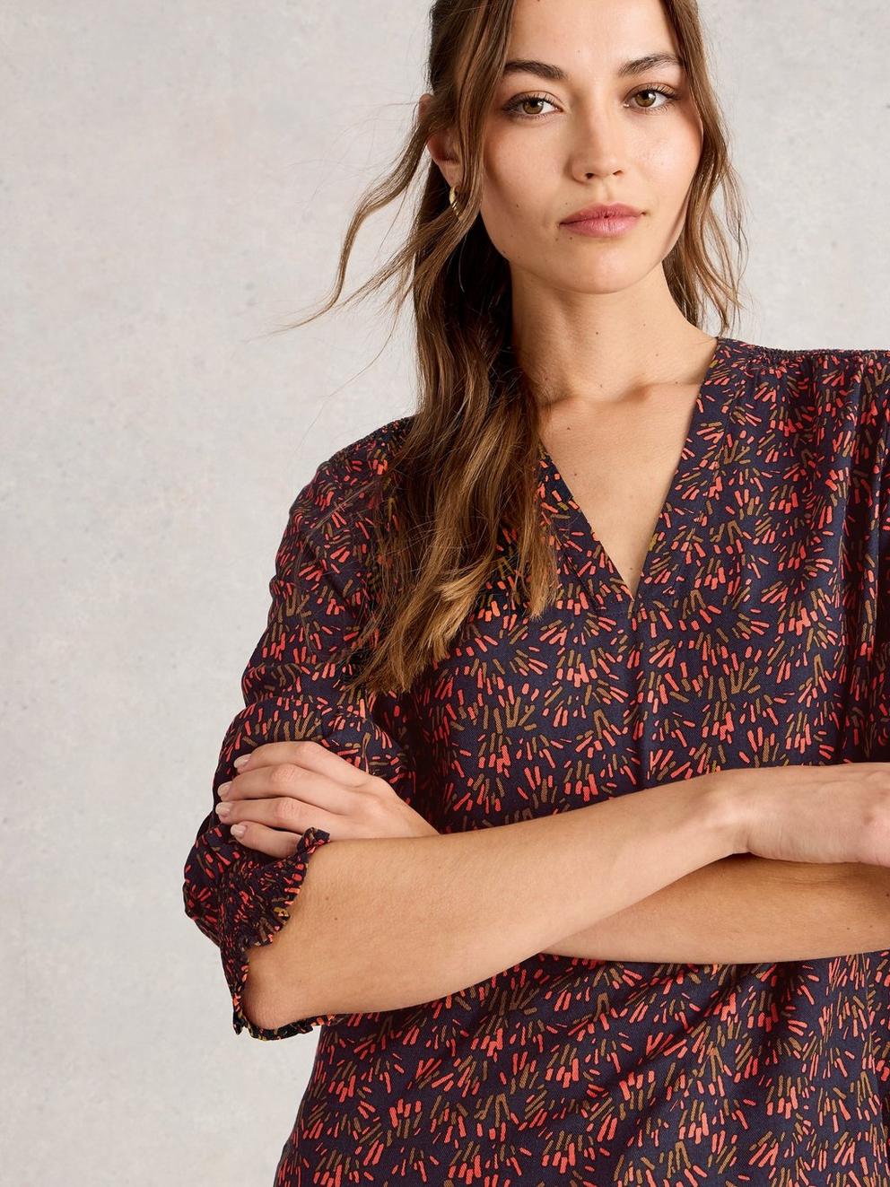 Elisa Print V Neck Top in NAVY MULTI - MODEL DETAIL