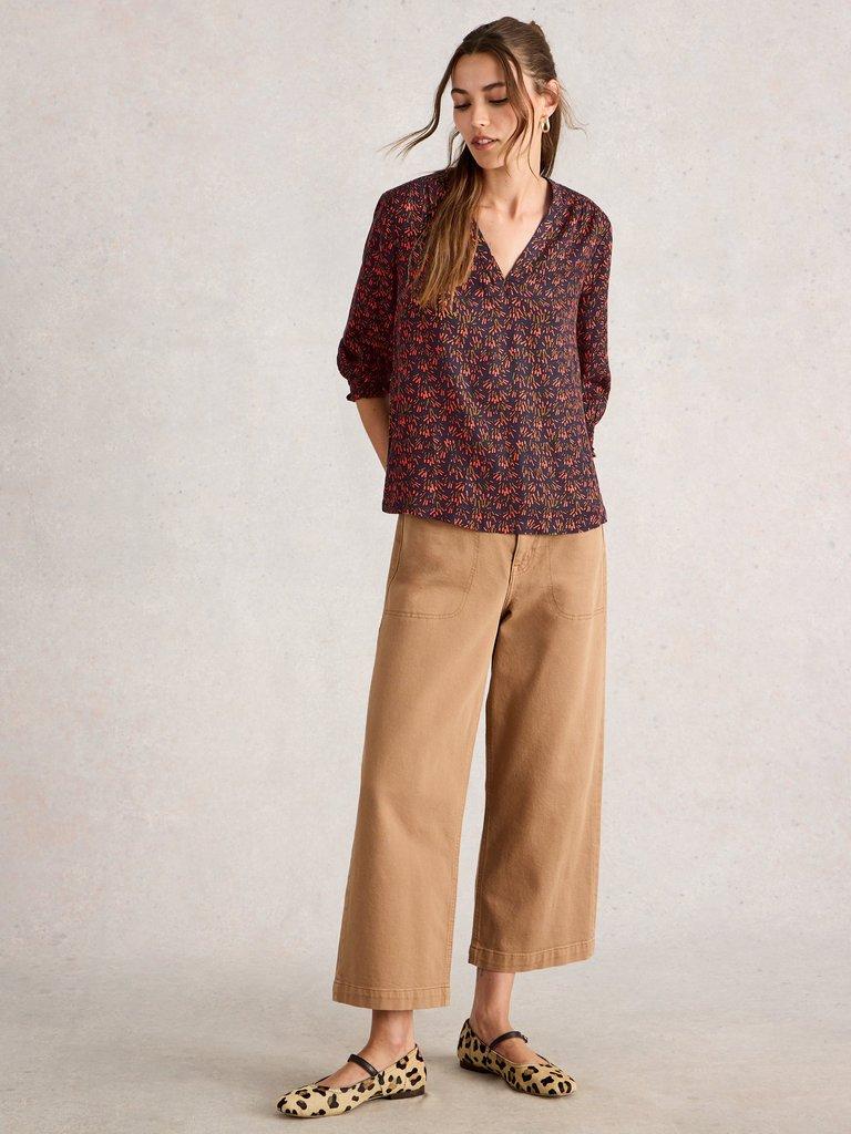 Elisa Print V Neck Top in NAVY MULTI - MODEL FRONT