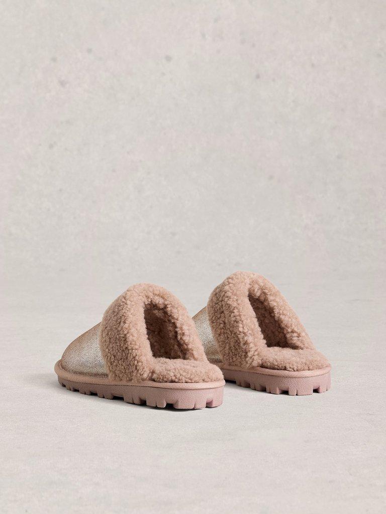 Shearling Suede Slipper Mule in GLD TN MET - FLAT BACK