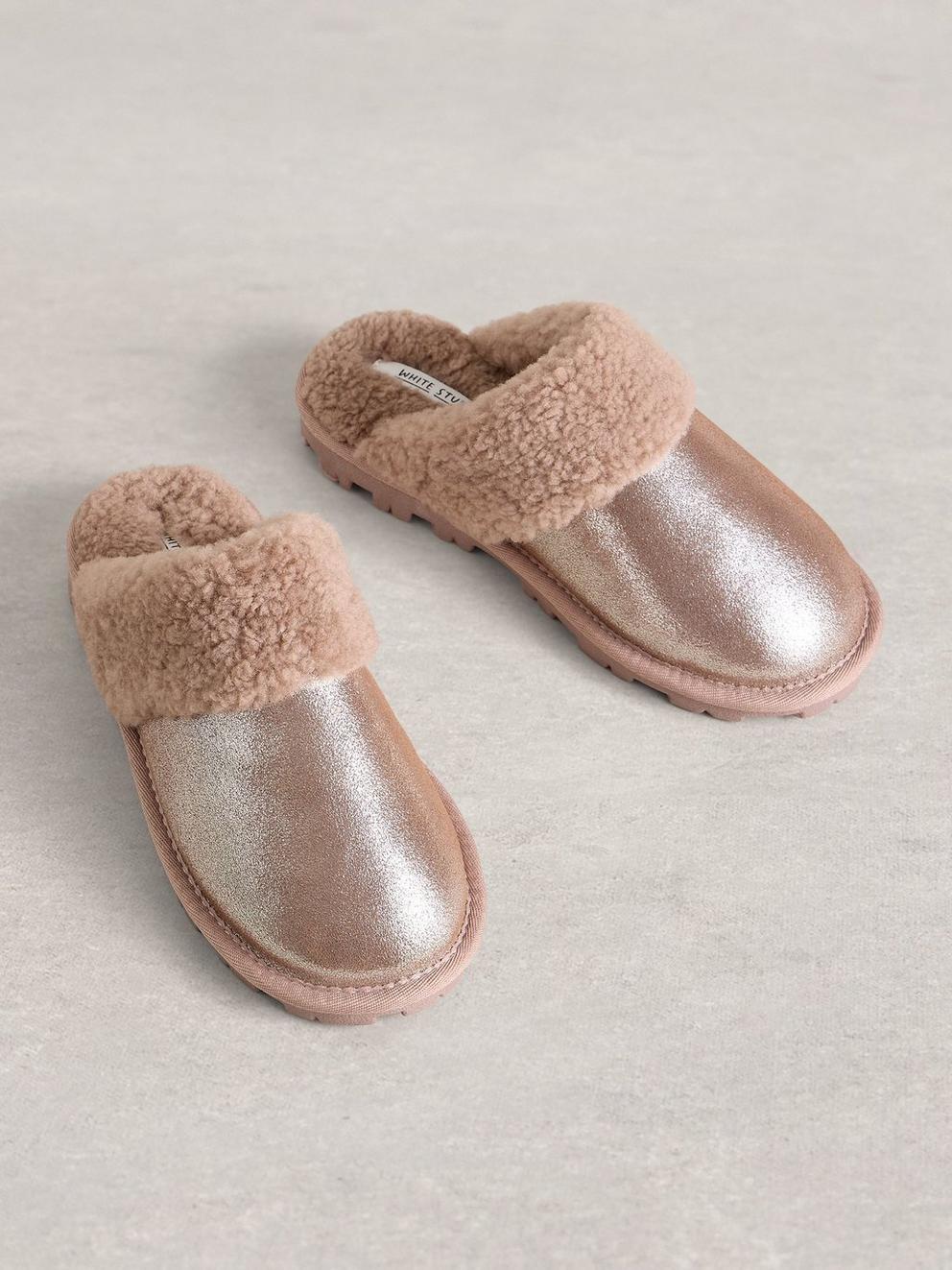 Shearling Suede Slipper Mule in GLD TN MET - FLAT FRONT
