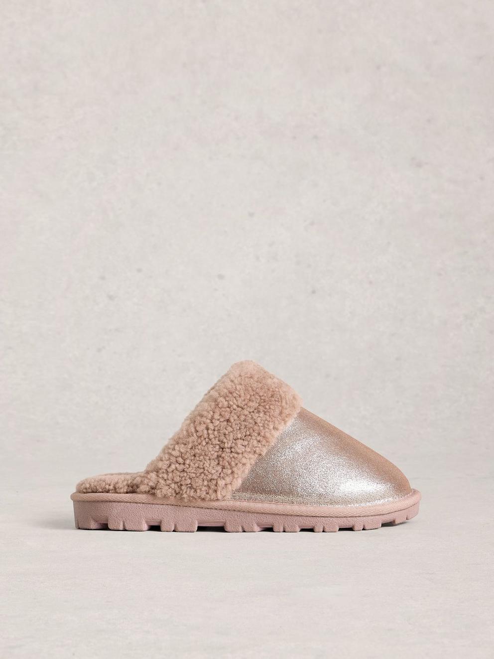 Shearling Suede Slipper Mule in GLD TN MET - LIFESTYLE