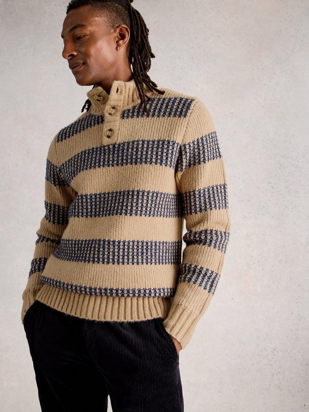 Baxton Stripe Button Neck in NAT MLT - MODEL DETAIL