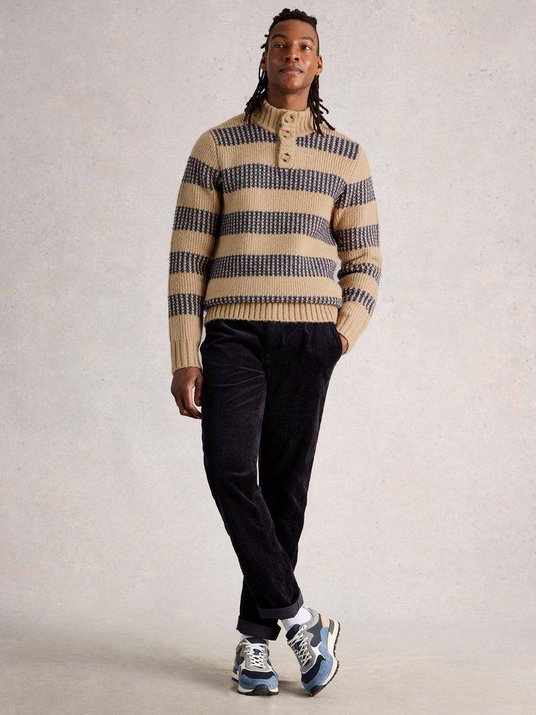Baxton Stripe Button Neck in NAT MLT - MODEL FRONT