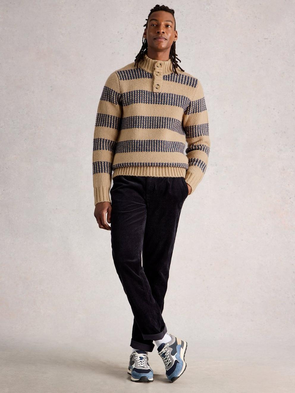 Baxton Stripe Button Neck in NAT MLT - MODEL FRONT
