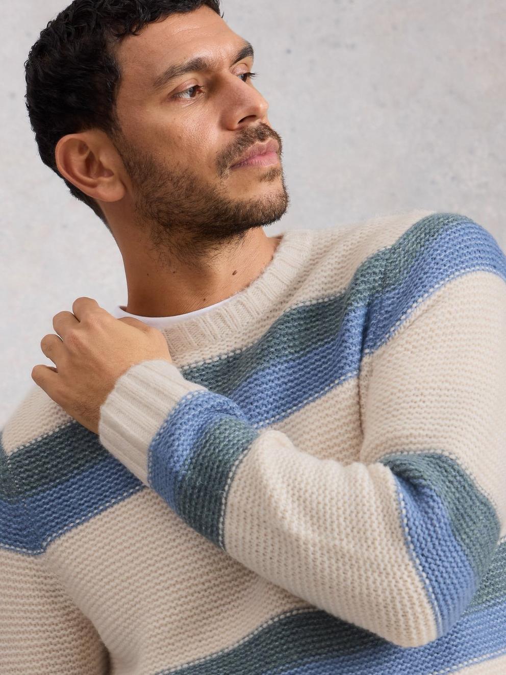 Baxton Stripe Crew Neck in WHITE MLT - MODEL DETAIL